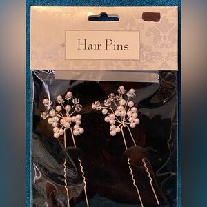 Hair Pins - Pearl & Crystal Floral Hair Pins, Gold Tone